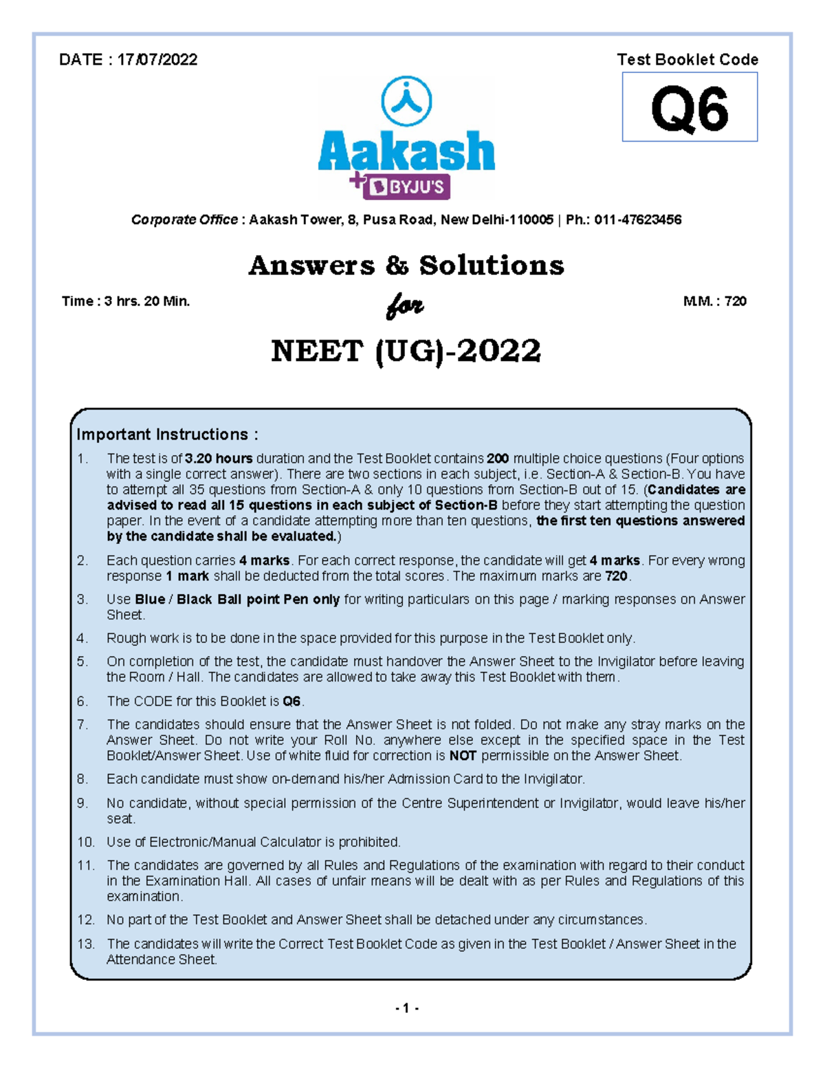 Code-Q6 Qs+Ans+Solution NEET-2022 - Corporate Office : Aakash Tower, 8 ...