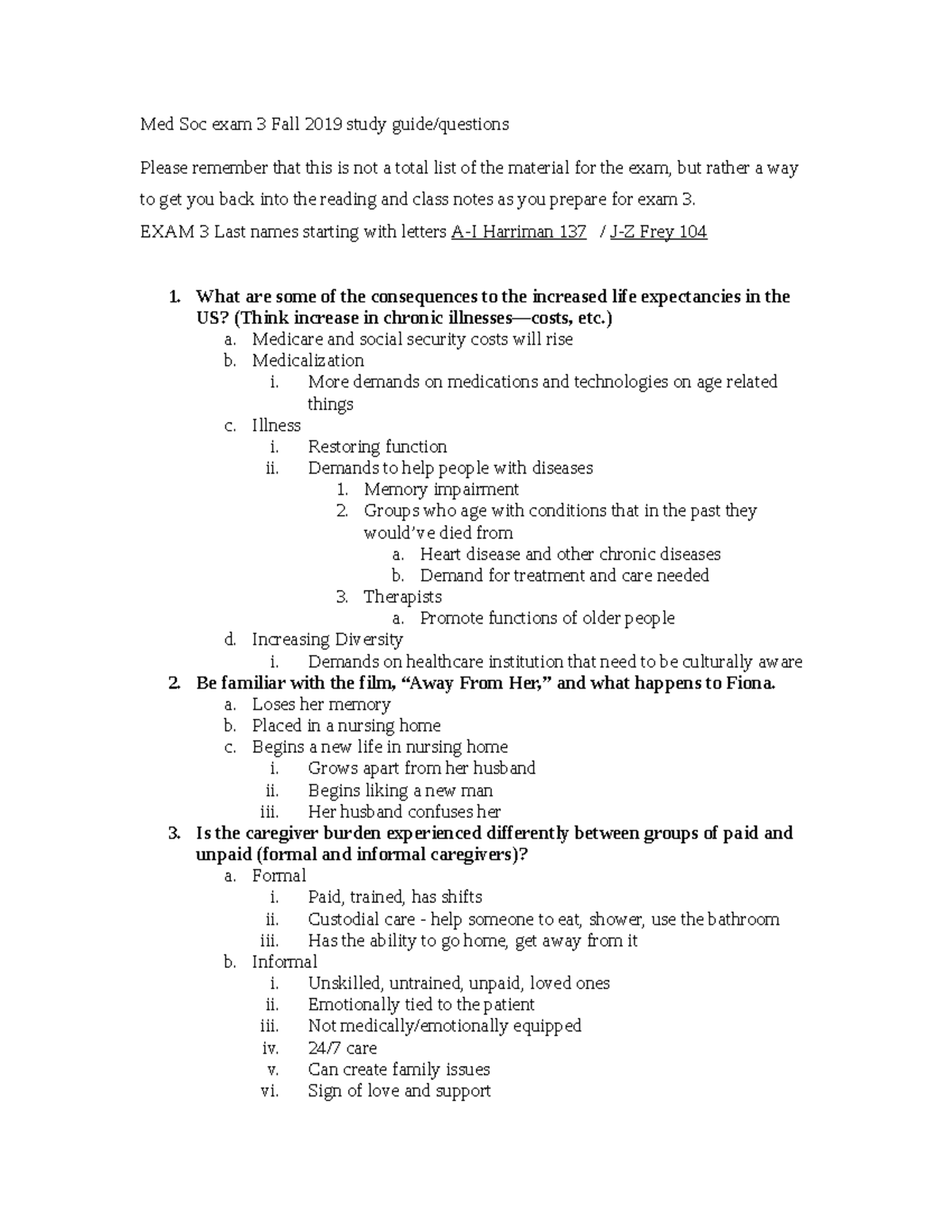 Exam 3 Study Sheet - Med Soc exam 3 Fall 2019 study guide/questions ...