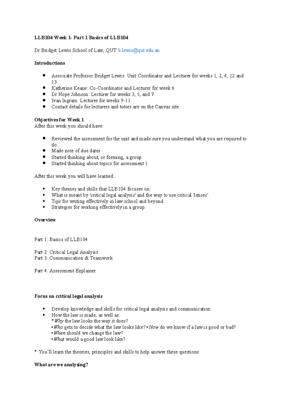 LLB104 - Lecture Notes - W1 - LLB104 Week 1- Part 1 Basics of LLB Dr ...