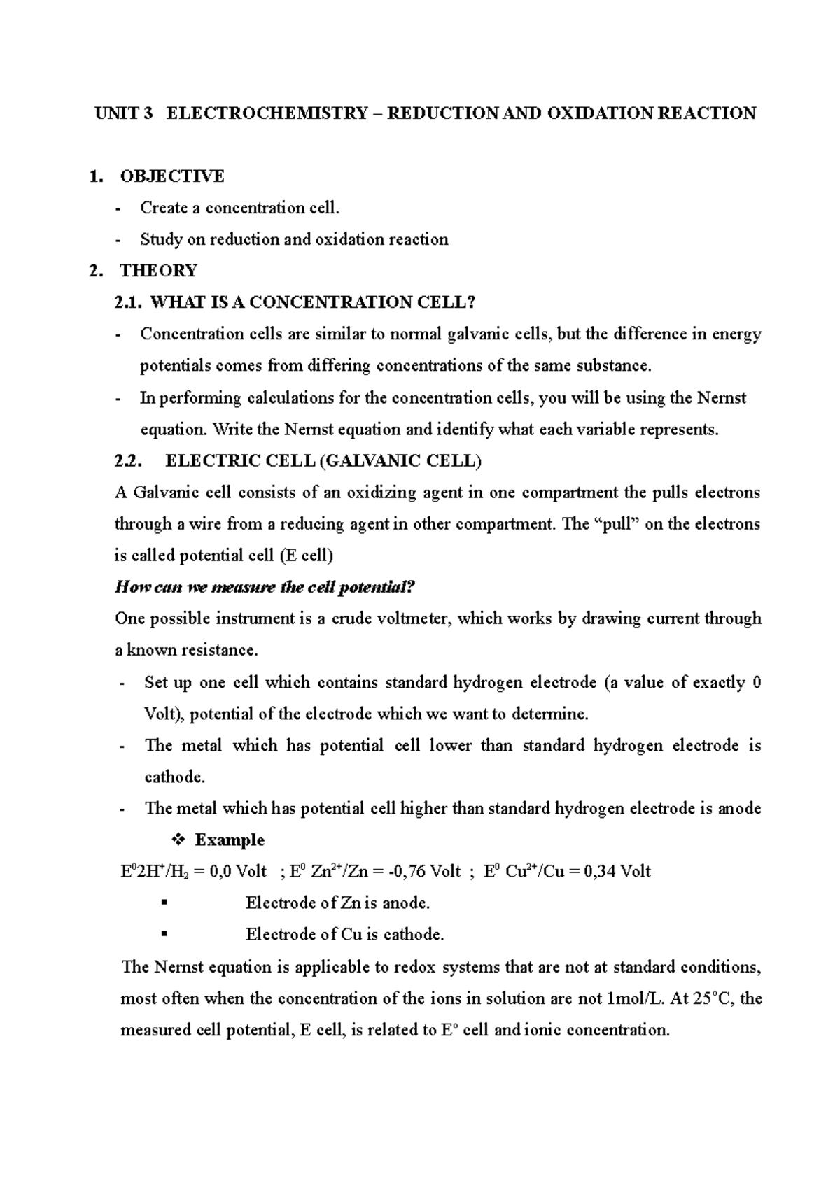 Electrochemistry lab UNIT 3 ELECTROCHEMISTRY REDUCTION AND