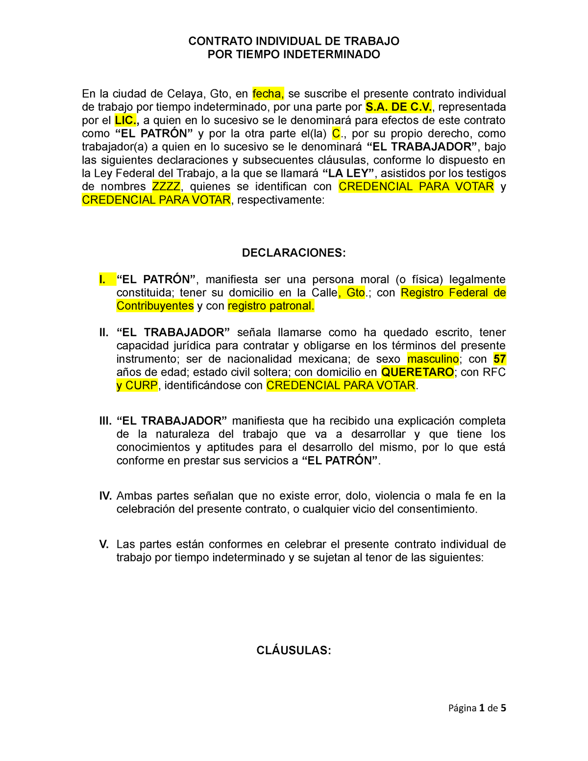 Contrato Por Tiempo Indeterminado Por Tiempo Indeterminado En La Ciudad De Celaya Gto En 3012