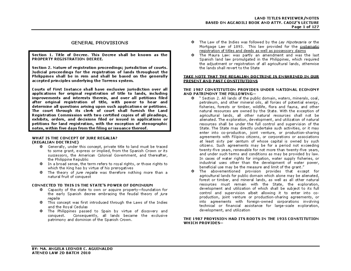 LAND Titles Reviewer Notes Based ON AGCA - BASED ON AGCAOILI BOOK AND ...