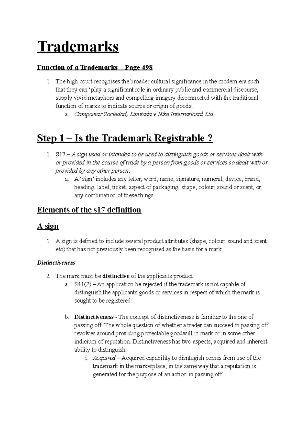 Trademarks Exam Notes Trademarks Function Of A Trademarks Page 498 The High Court Recognises Studocu