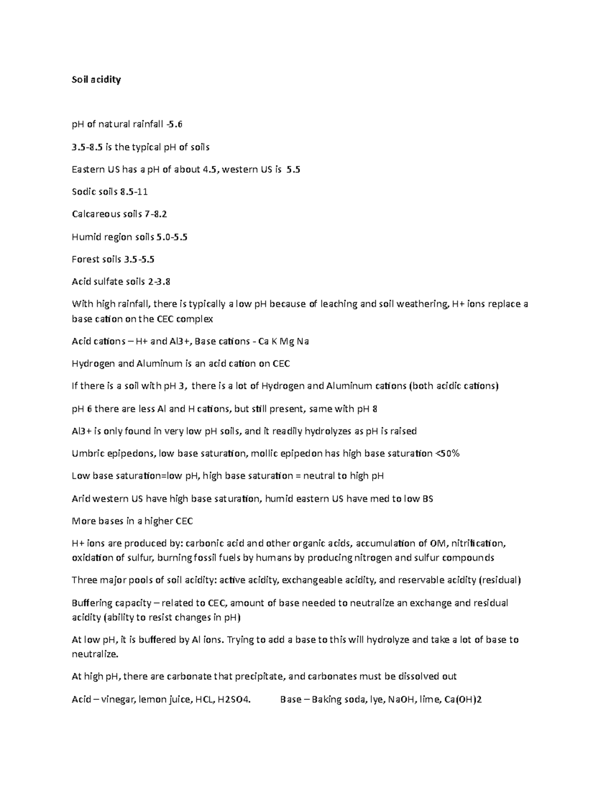 Soils 101 Exam 3 Study Guide and Note Sheet Soil acidity pH of