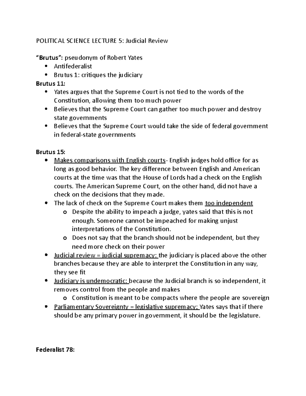 Political Science Lecture 5 POLITICAL SCIENCE LECTURE 5 Judicial Review Brutus Pseudonym 