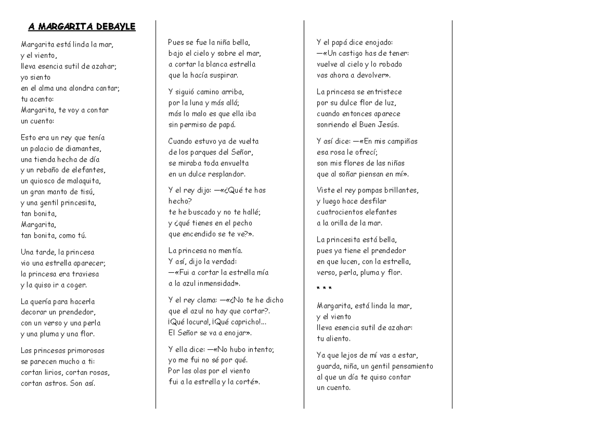 A Margarita Debayle poema A MARGARITA DEBAYLE Margarita está linda