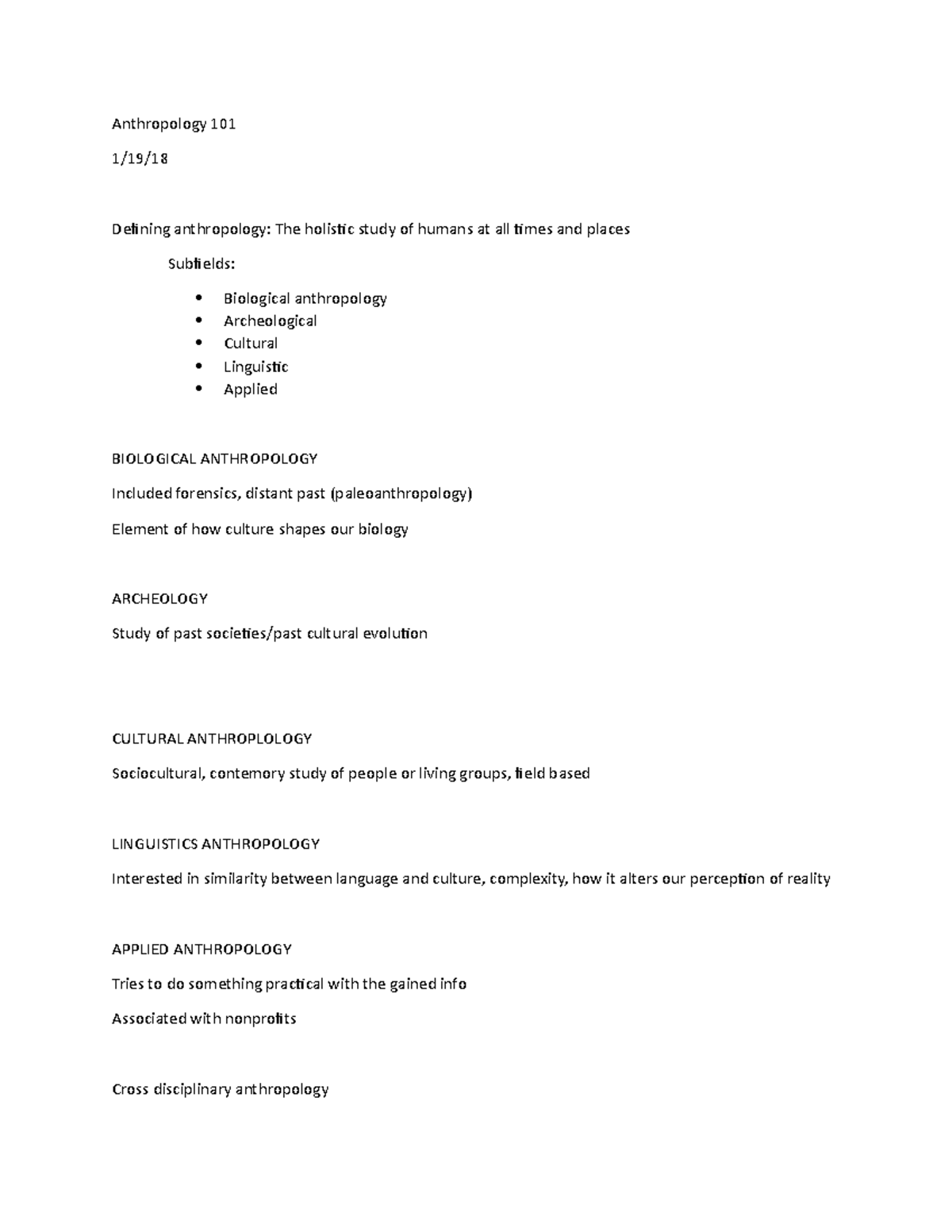 Anthropology 101 - Lecture notes for material on test 1, Nathan ...