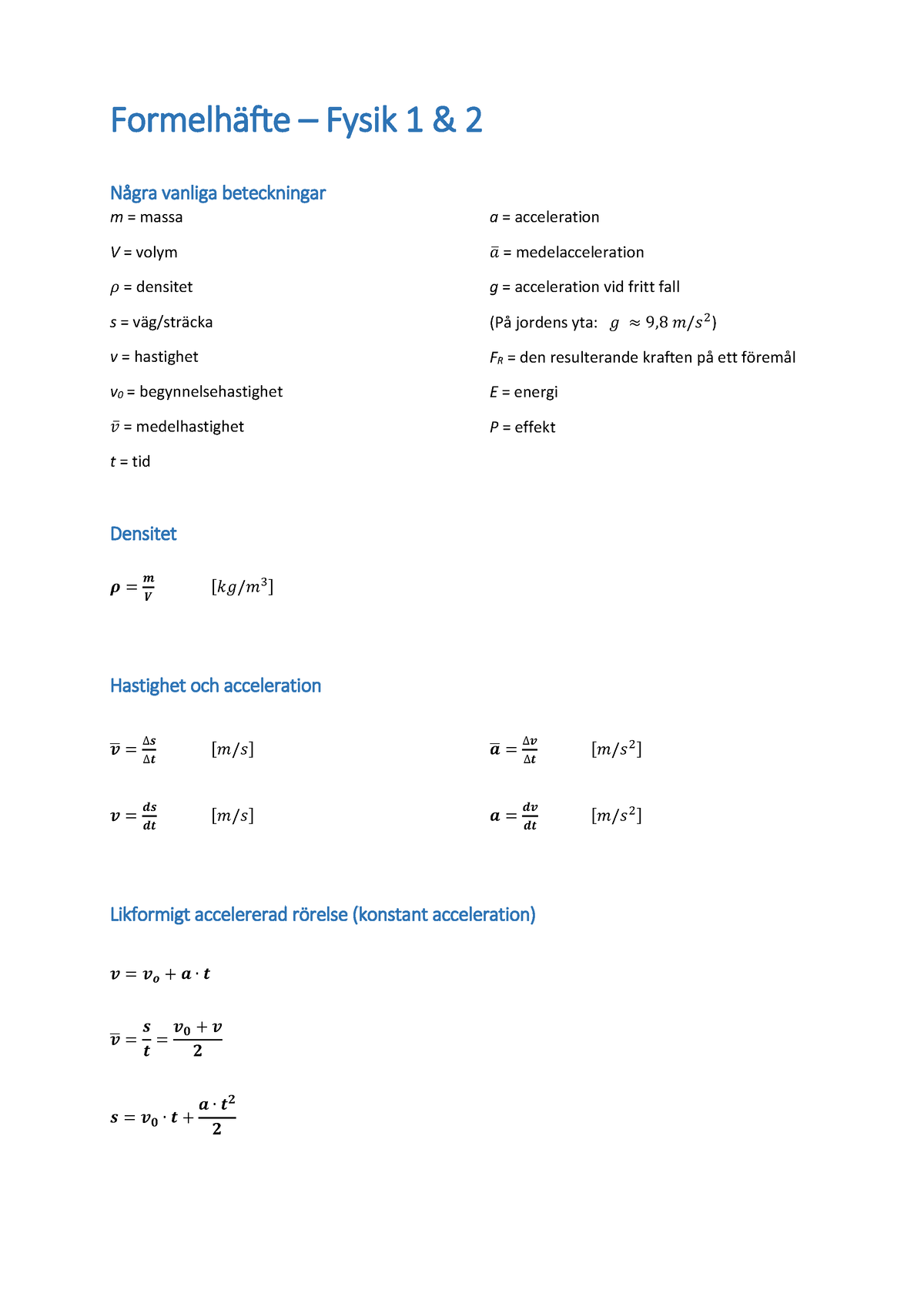 Formelblad - Fysik 1-2 - Sadasdas - Formelh‰fte – Fysik 1 & 2 NÂgra ...