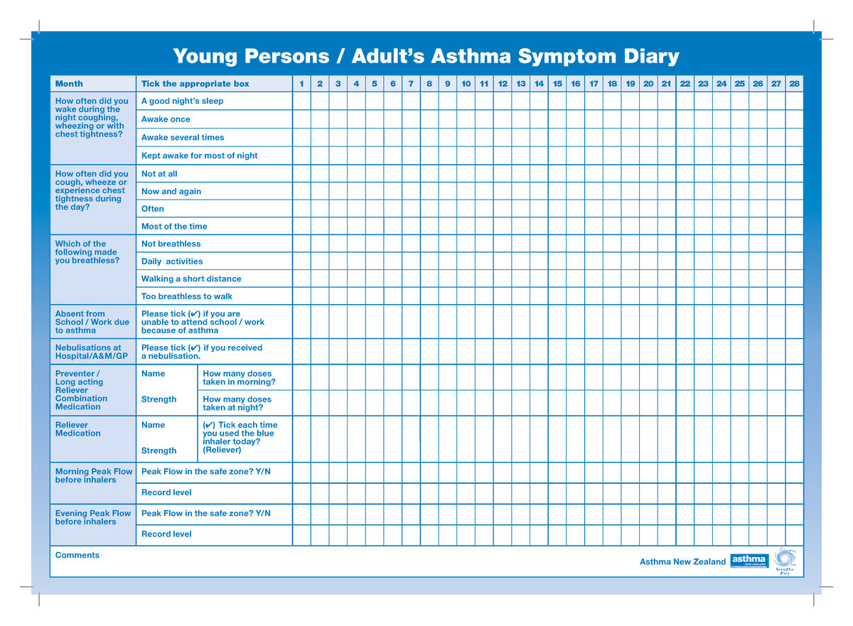 Asthma diary - Month Tick the appropriate box 1 2 3 4 5 6 7 8 9 10 11 ...