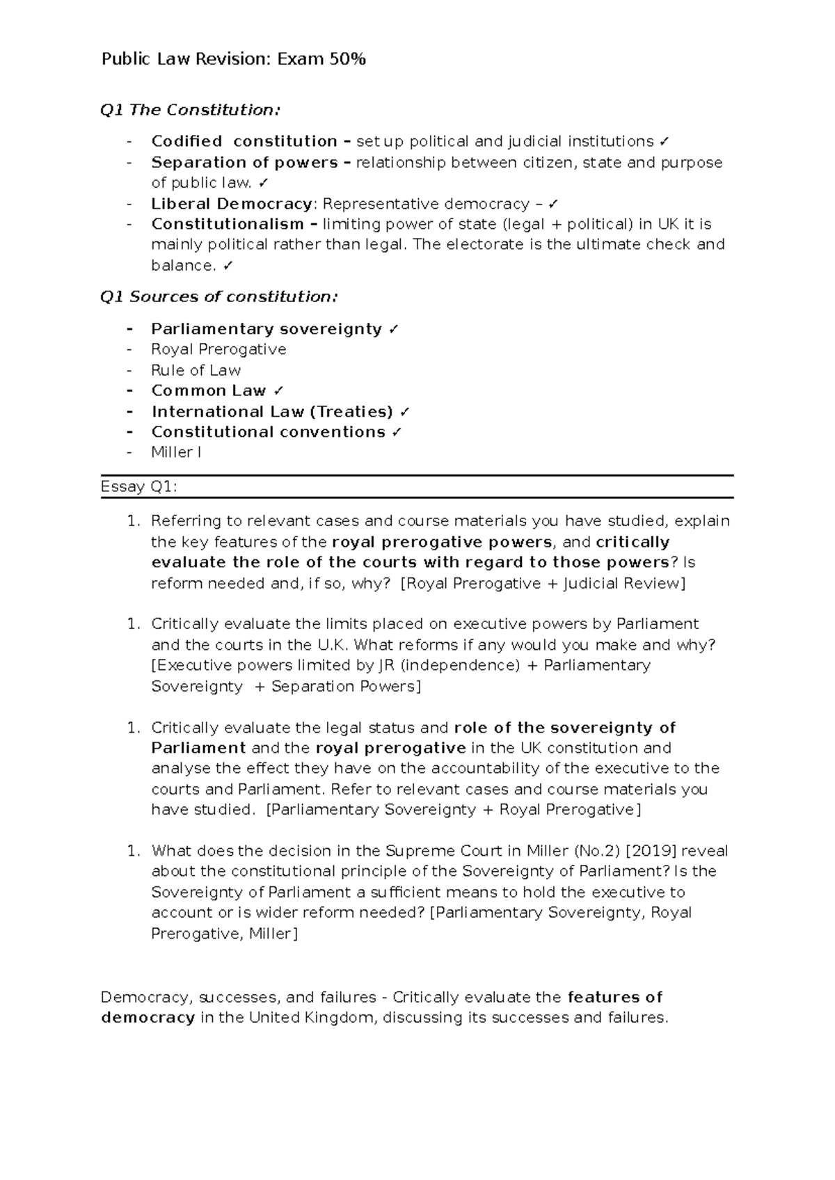 Public Law Exam Revision Q1 The Constitution Codified Constitution 