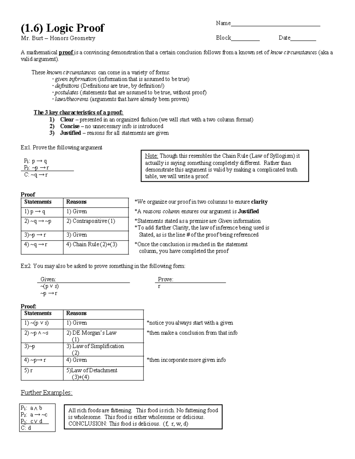 1 - Geometry Practice - (1) Logic Proof Mr. Burt – Honors Geometry A ...