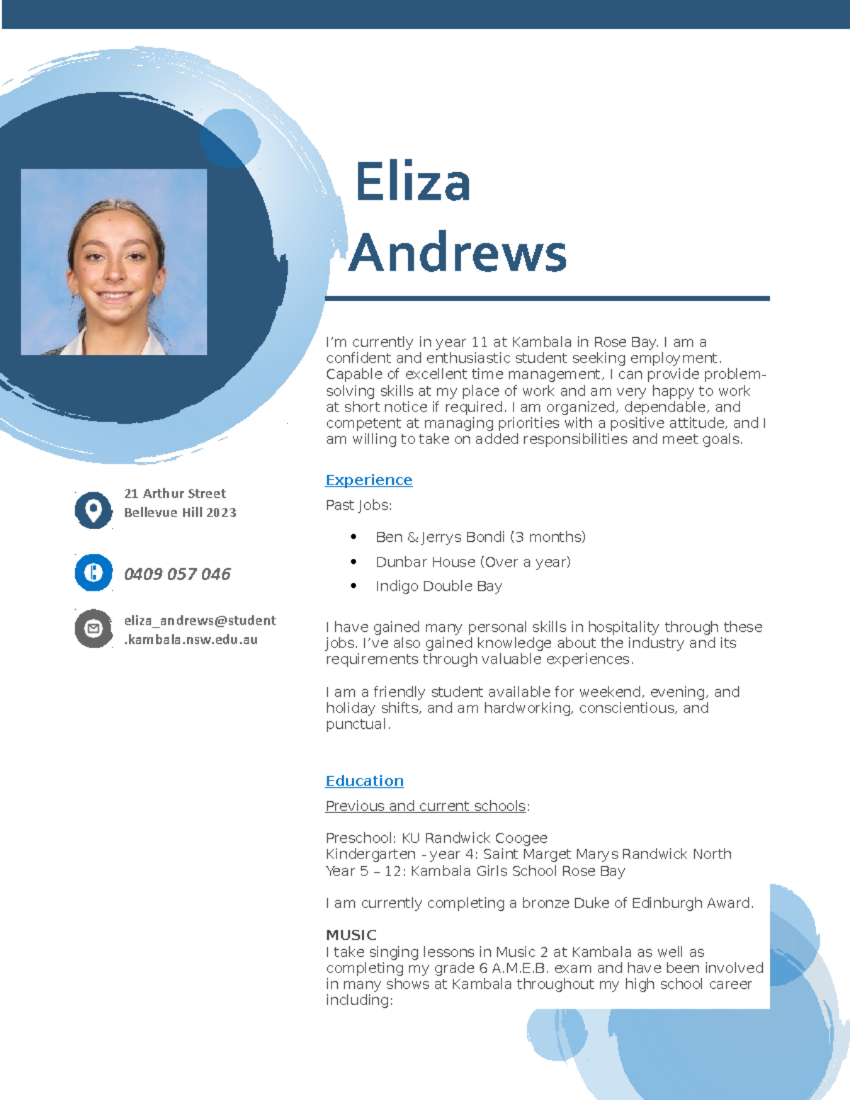 Eliza CV 2 - meow - Eliza Andrews I’m currently in year 11 at Kambala ...