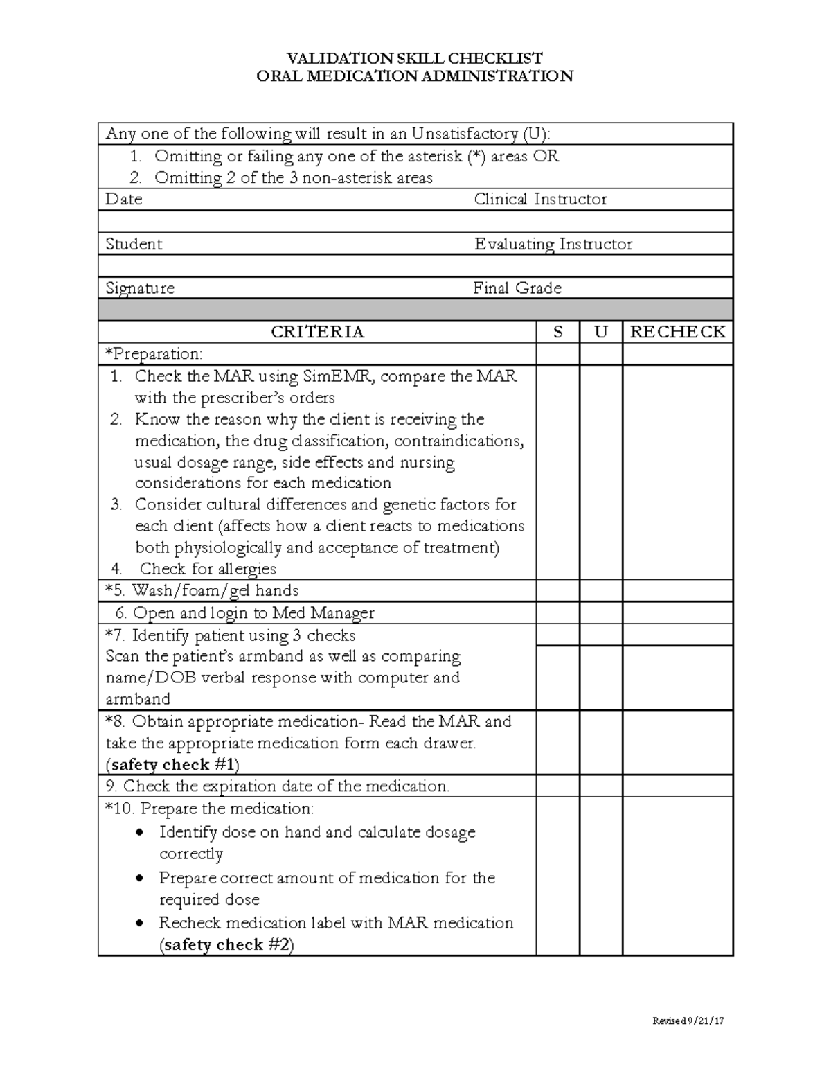 NUR104 Oral Med Admin 2020 3 VALIDATION SKILL CHECKLIST ORAL