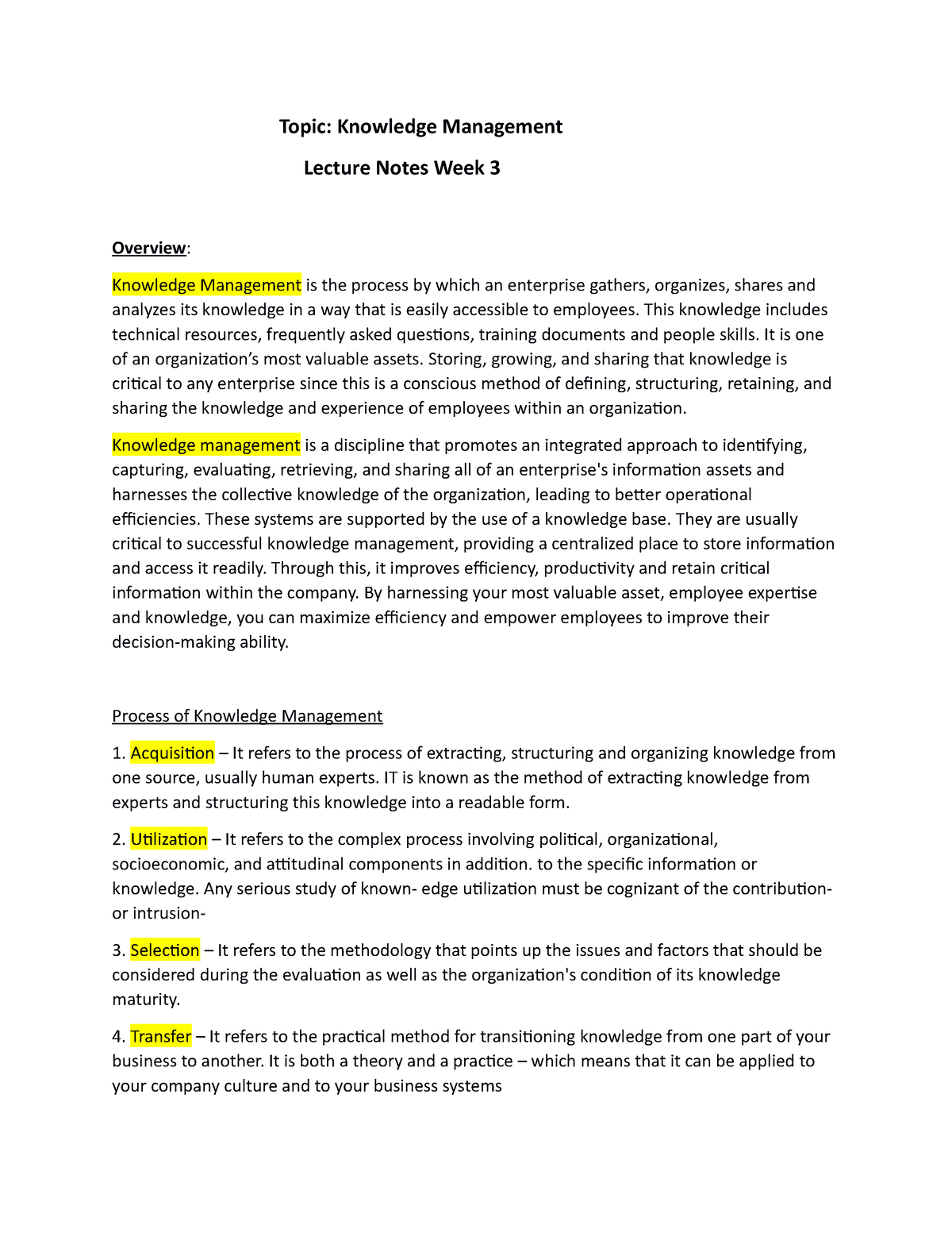 Knowledge management - Topic: Knowledge Management Lecture Notes Week 3 ...