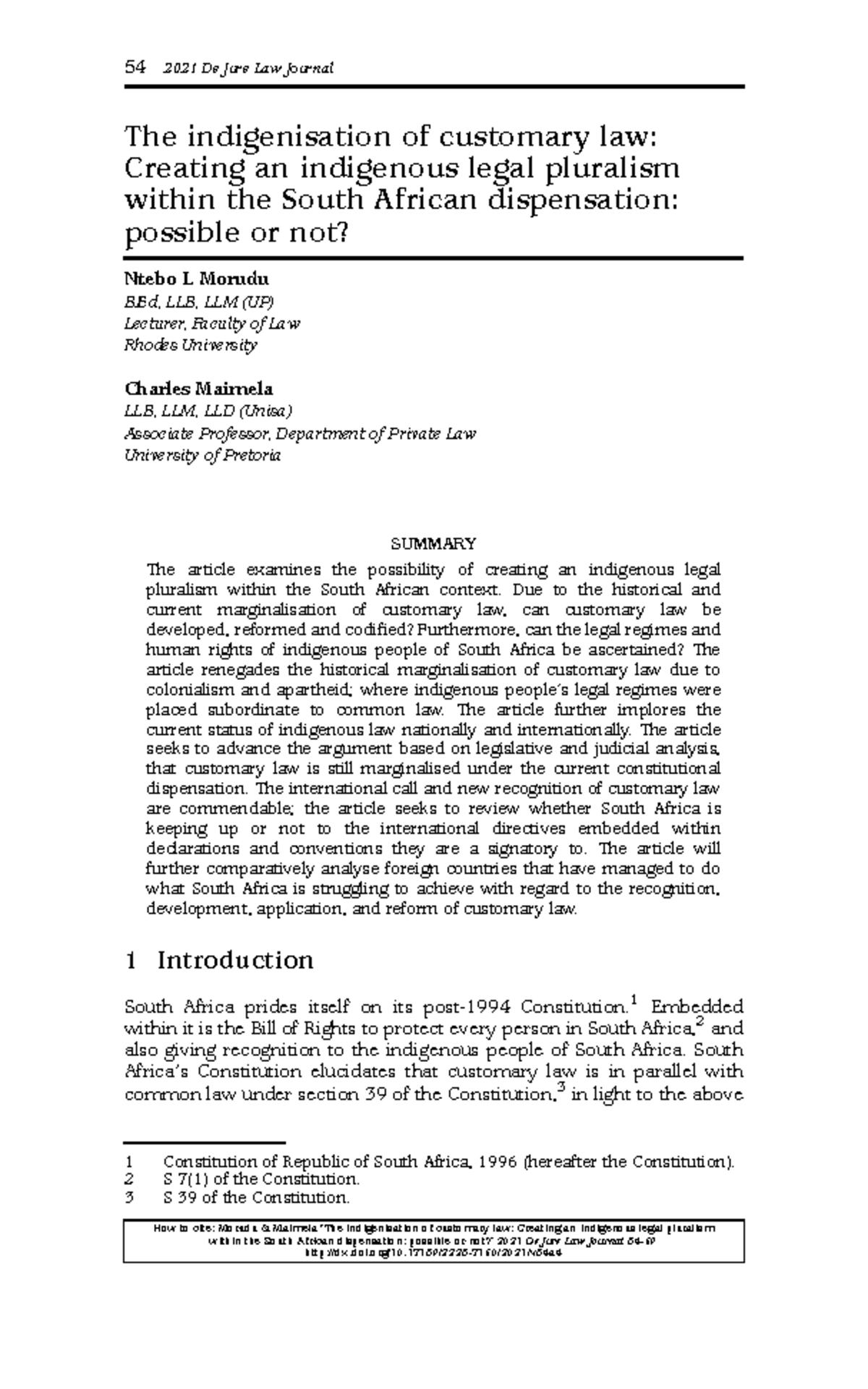 The indigenisation of customary law - 54 2021 De Jure Law Journal The ...