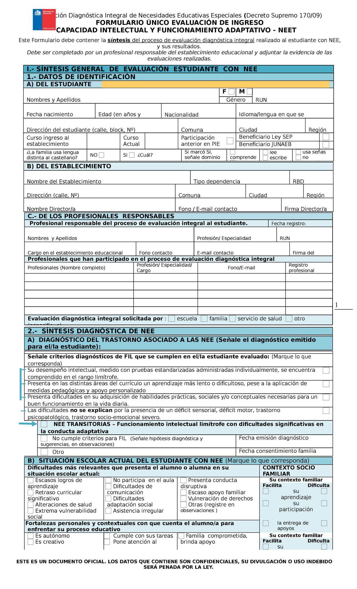 Fu Ingreso Fil Neet 2016 1 Ejemplo 1 Formulario Único EvaluaciÓn De Ingreso Capacidad 6069