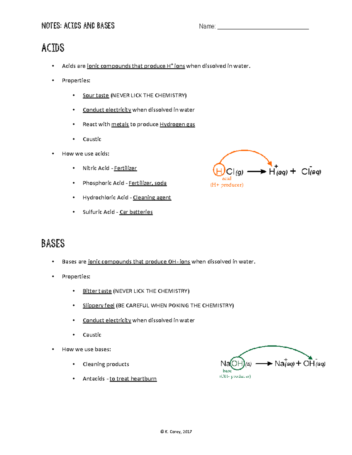 Acids and Bases Notes Filled In Notes Acids and Bases Name _____________________________ © K