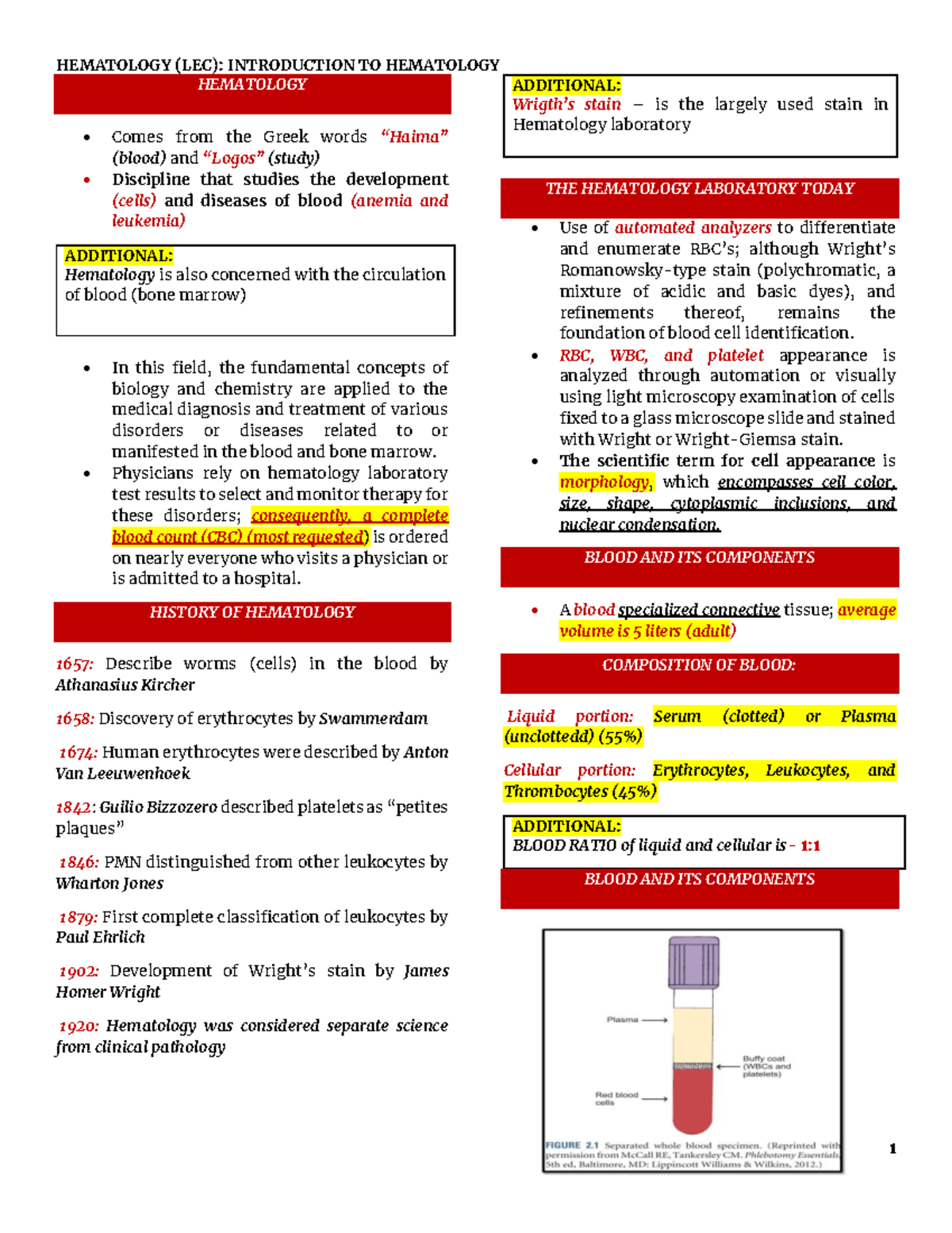 Hematology LEC WEEK 02 Intro TO HEMA - HEMATOLOGY Comes from the Greek ...