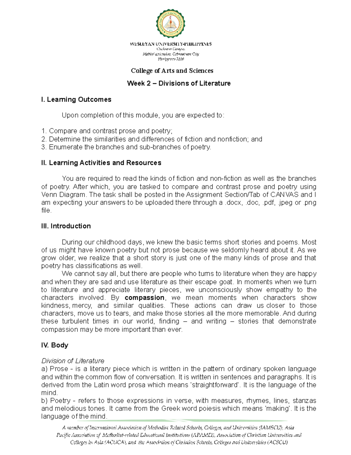 Module 2 Divisions OF Literature College of Arts and Sciences Week 2