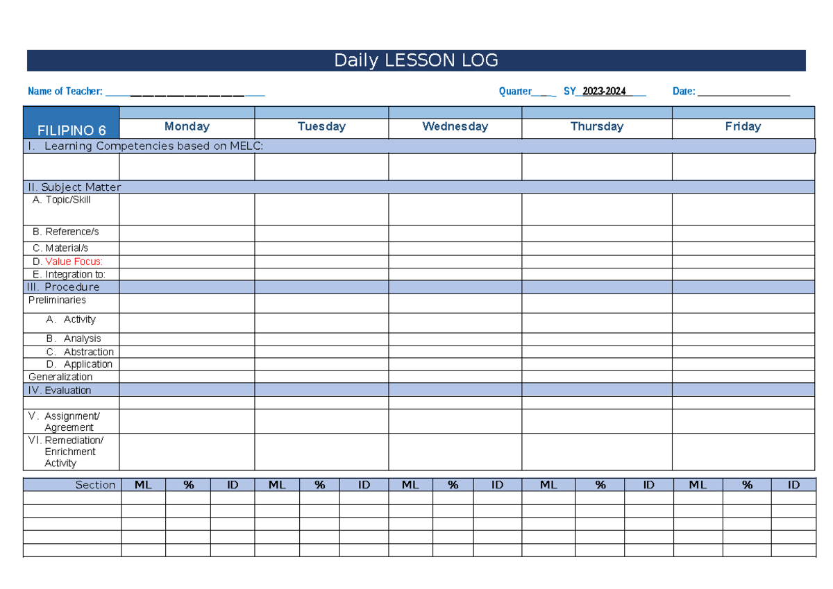 DLL 4As A4size - Daily Lesson Log Format - Daily LESSON LOG Name of ...