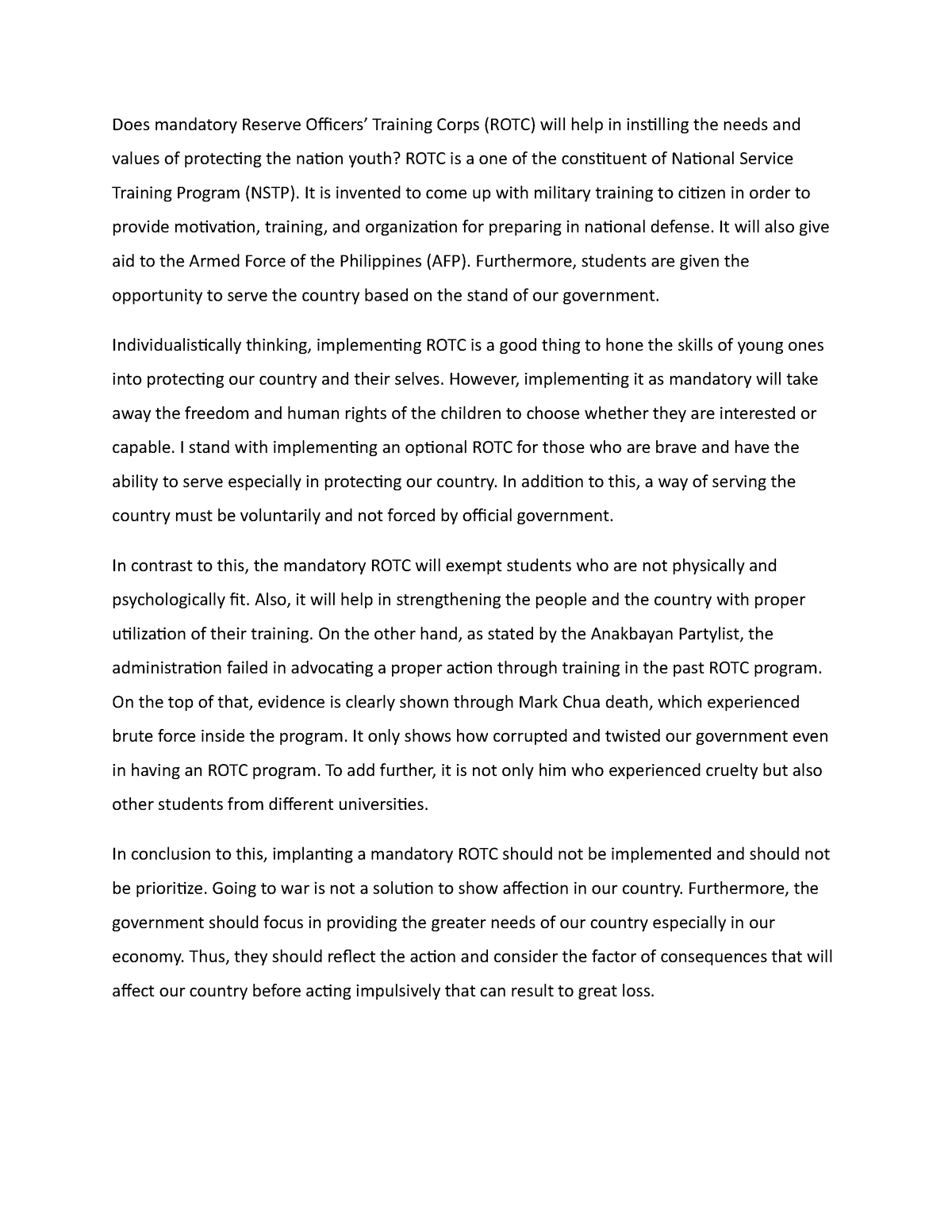 thesis statement about mandatory rotc