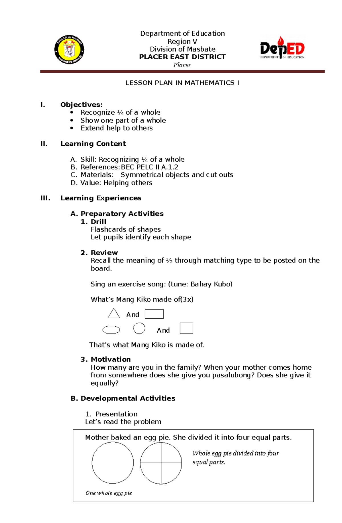 Lesson PLAN IN Math I (Repaired) - Region V Division of Masbate PLACER ...