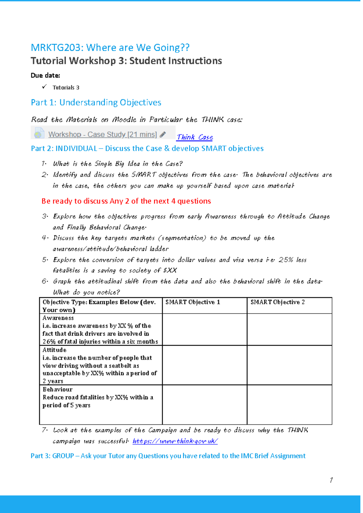 Tutorial Worksheet 3 - 1 MRKTG203: Where are We Going?? Tutorial ...