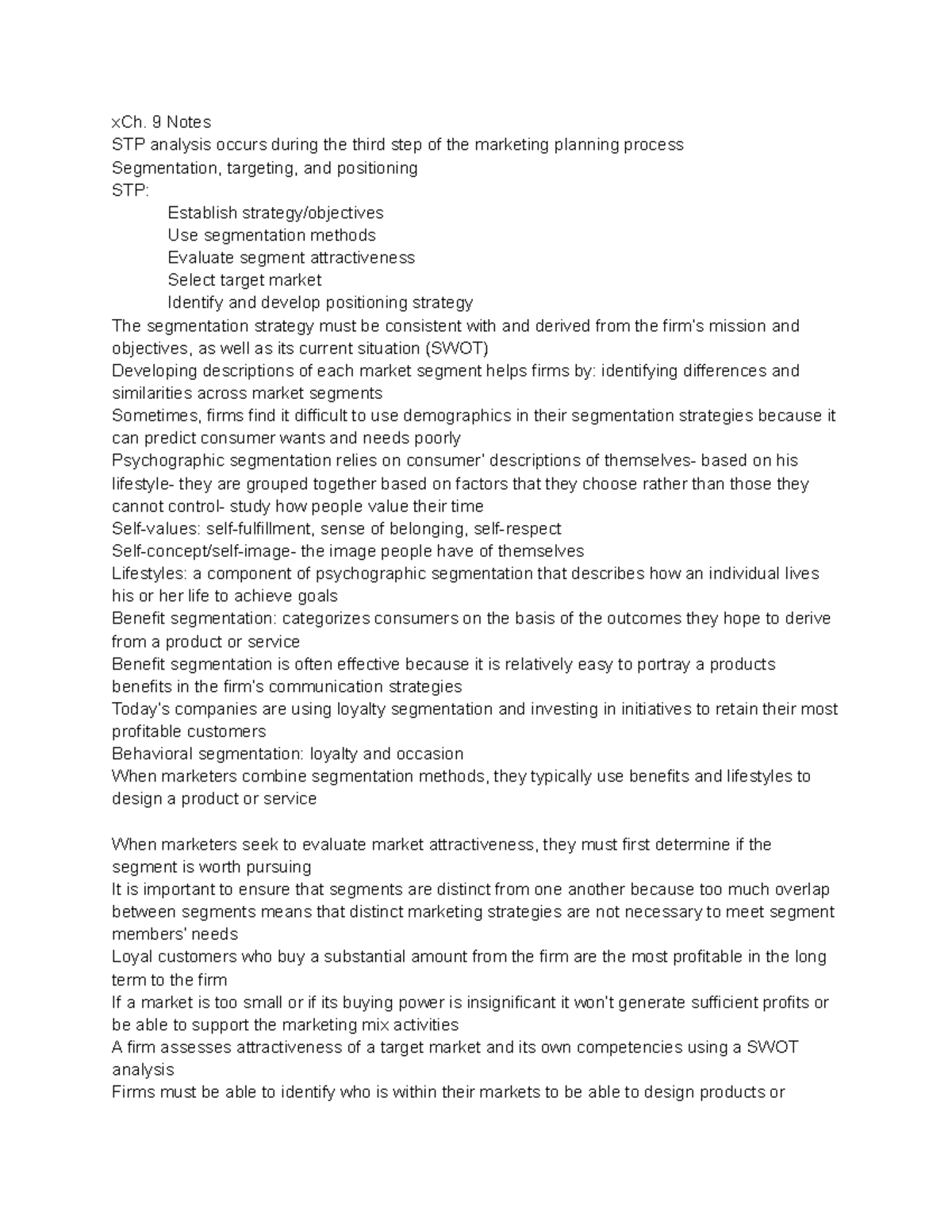 MKT Notes Week 4 - xCh. 9 Notes STP analysis occurs during the third ...