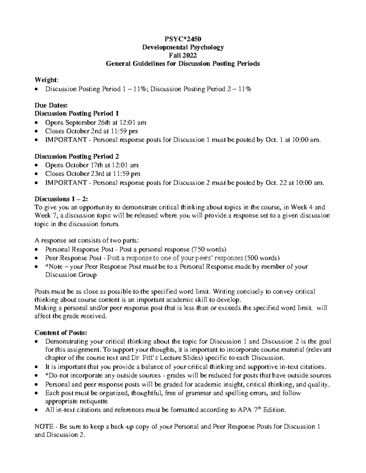 PSYC2450 F 2022 - General Guidelines for Discussion Posts - PSYC ...