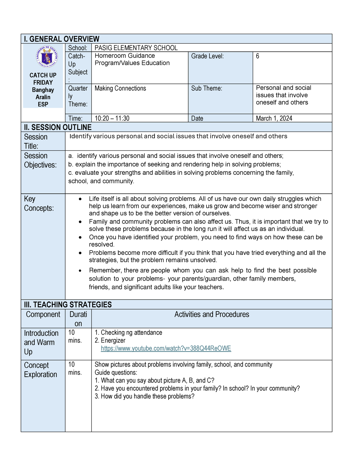 G6 CUF Homeroom Guidance PROG.AND Values ED - I. GENERAL OVERVIEW CATCH ...