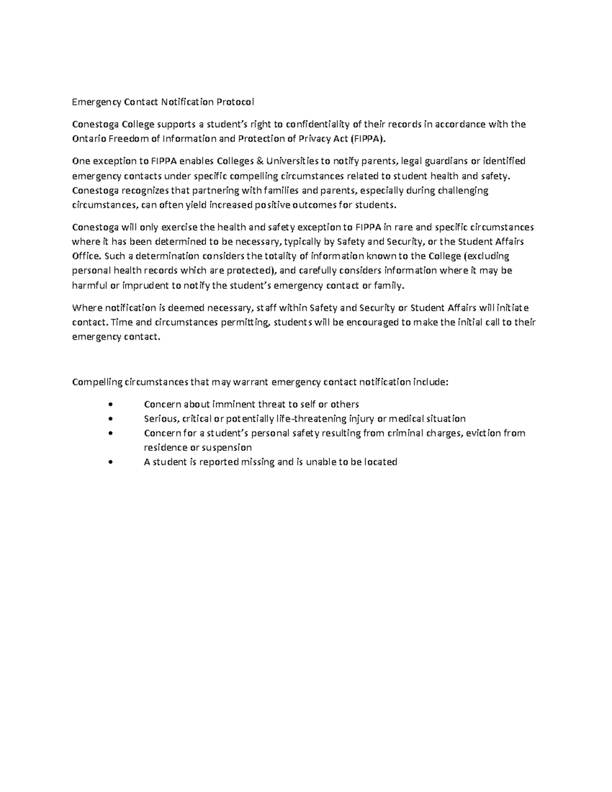 Conestoga Emergency Contact Disclaimer Emergency Contact Notification