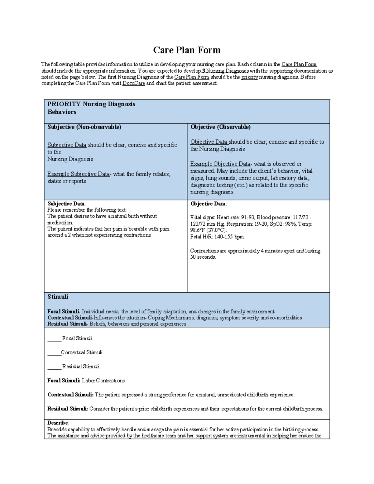 RN Care Plan Form Brenda - Care Plan Form The following table provides ...