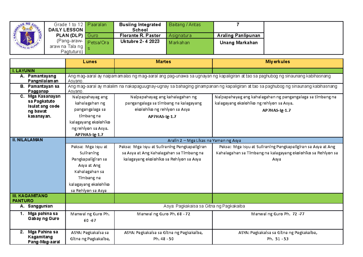 436766166 AP 7 DLL 1st Quarter Week 6 - Grade 1 to 12 DAILY LESSON PLAN ...