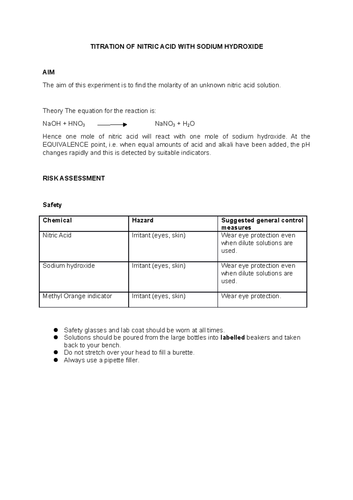 Titration OF Nitric ACID WITH Sodium Hydroxide TITRATION OF NITRIC