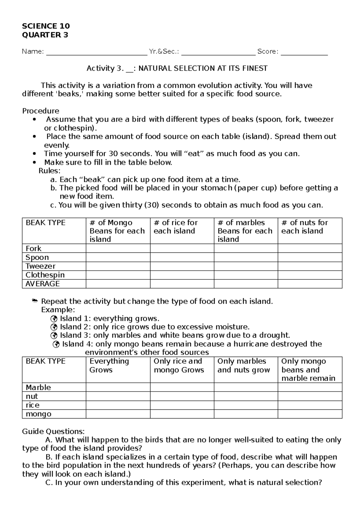 natural Selection worksheet - SCIENCE 10 QUARTER 3 Name