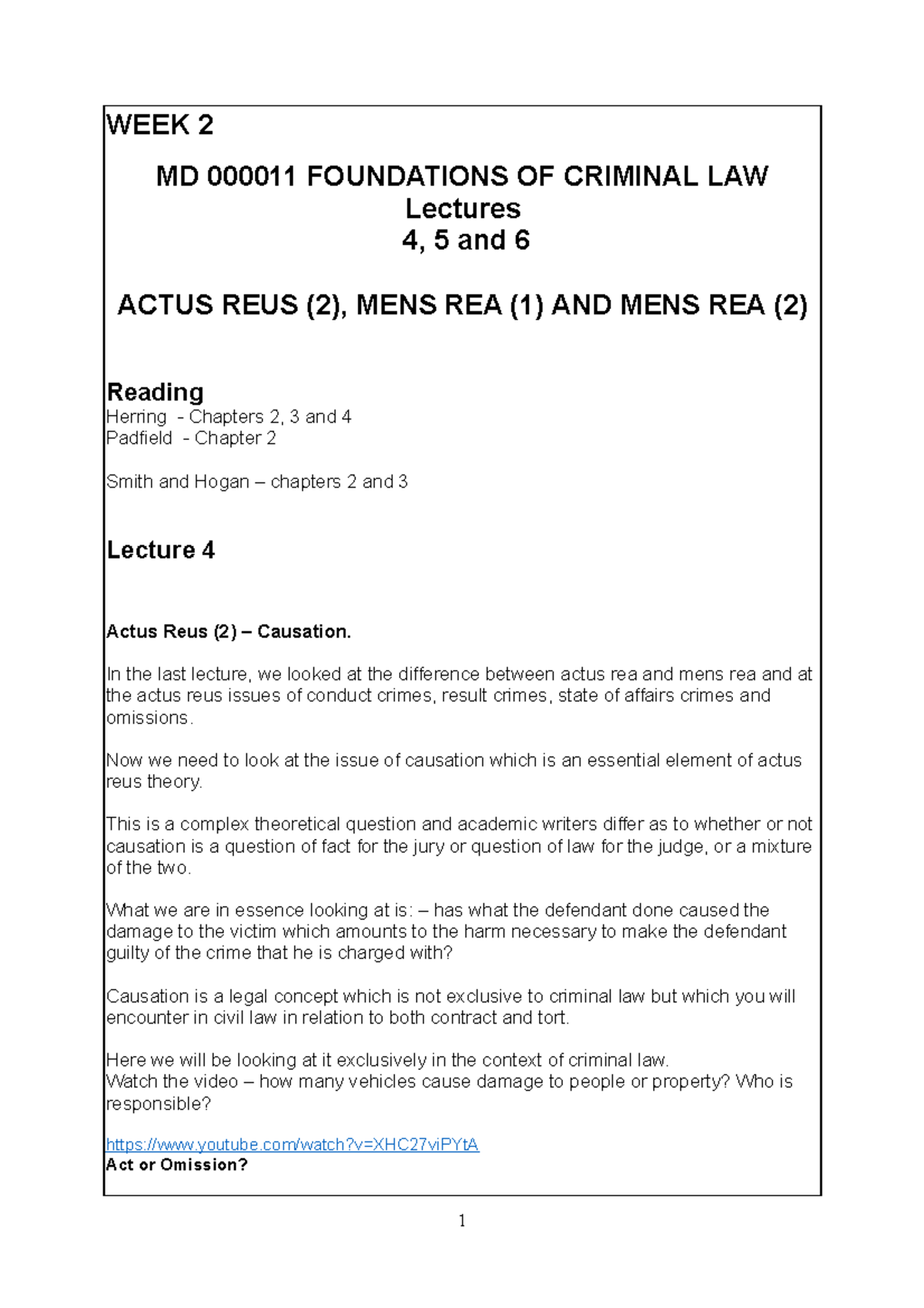 ACTUS REUS (2), MENS REA (1) AND MENS REA (2) - WEEK 2 MD 000011 ...