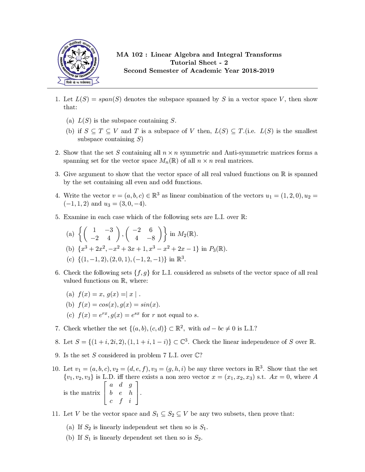 Tutorial Sheet 2 Solution Of Assignment Ma 102 Linear Algebra And Integral Transforms Tutorial Studocu