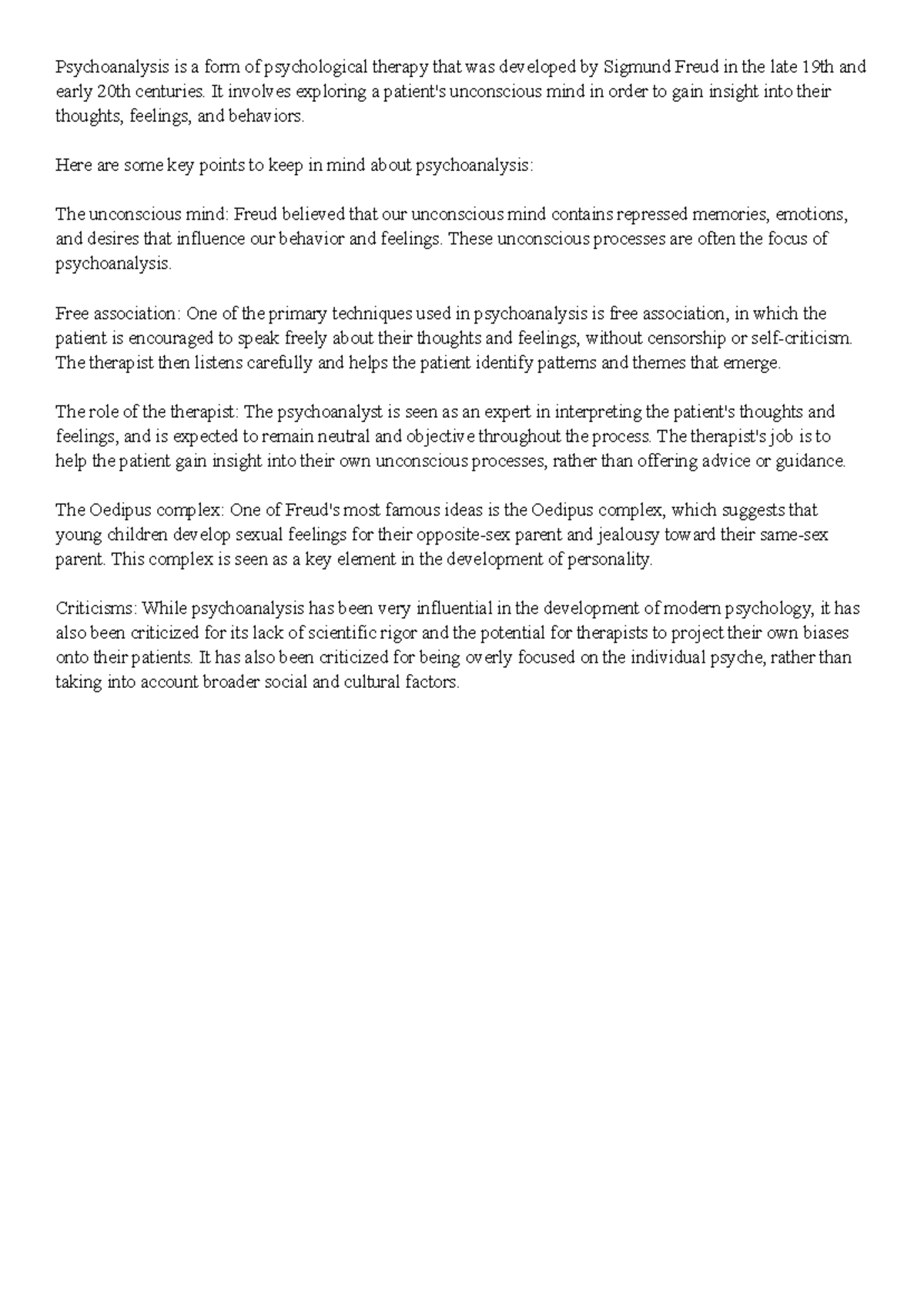 Psychoanalysis General Notes - Psychoanalysis is a form of ...