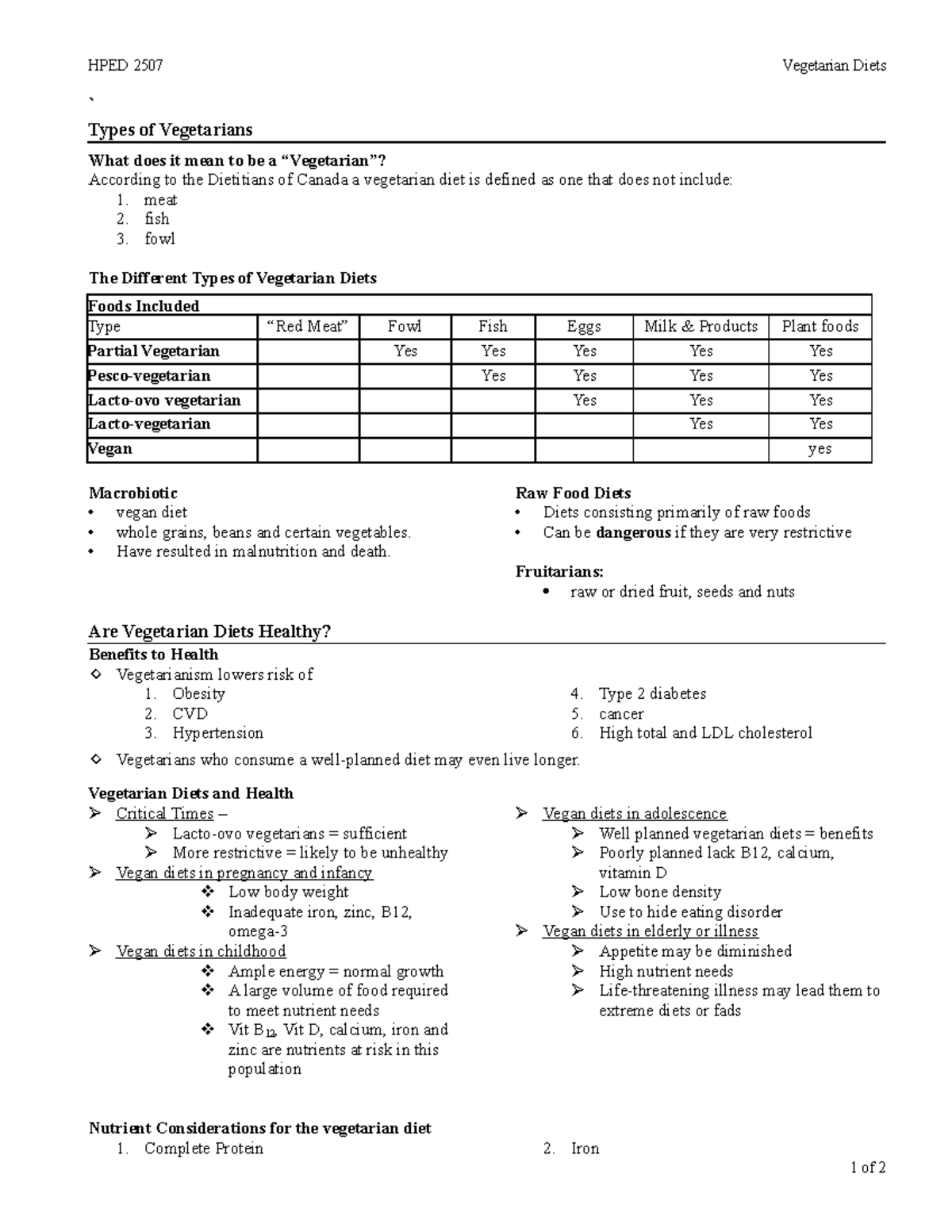 7 Vegetarian Diets Lecture notes 7 HPED 2507 Vegetarian Diets Types