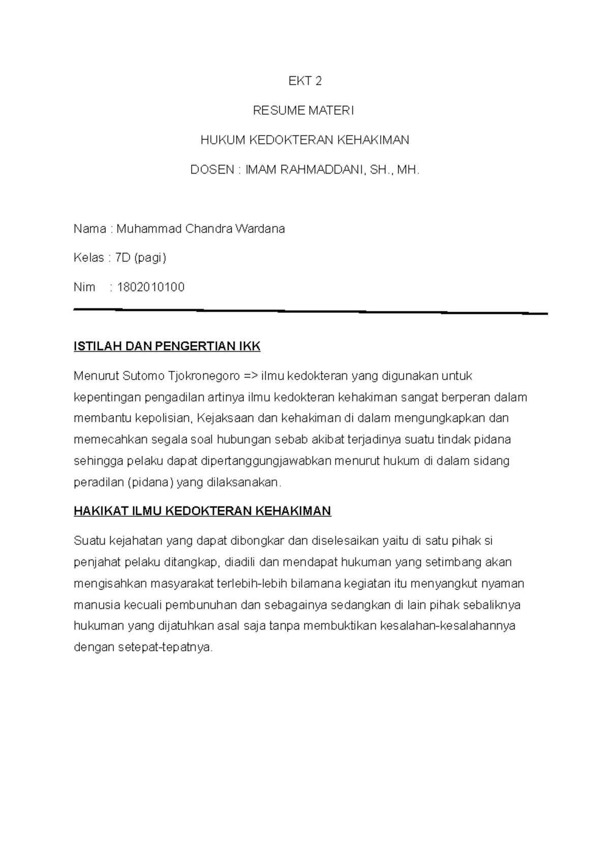 Ekt 2 ikk Latihan kedojteran kehakiman EKT 2 RESUME MATERI HUKUM