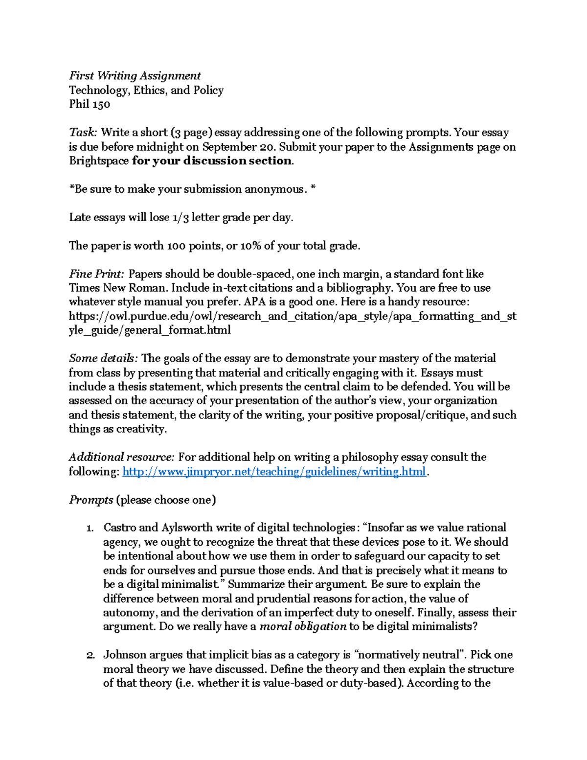 First Writing Assignment - First Writing Assignment Technology, Ethics ...