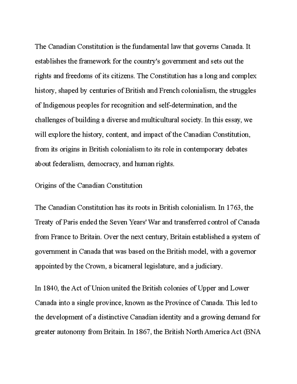 Notes Summary on the The Canadian Constitution - The Canadian ...