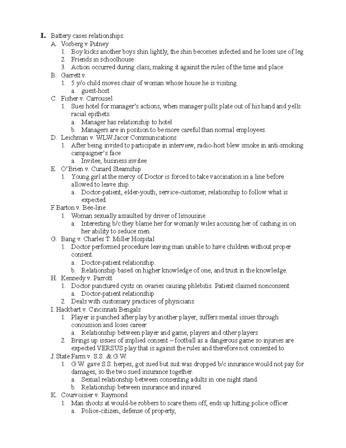 Torts Outline - Brief Recall Of Relationships In Rules And Cases - I 