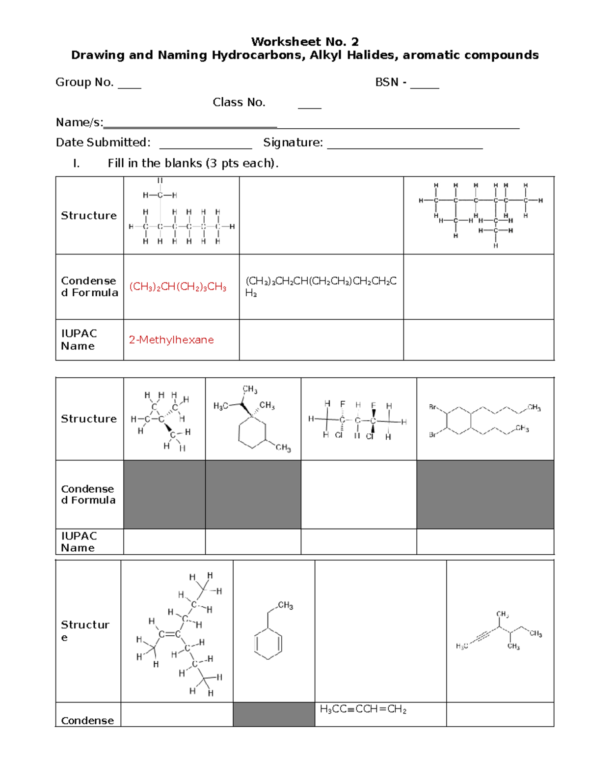 Worksheet Problem Set Drawing and Naming HCs, Alcohols, Alkyl Halides ...