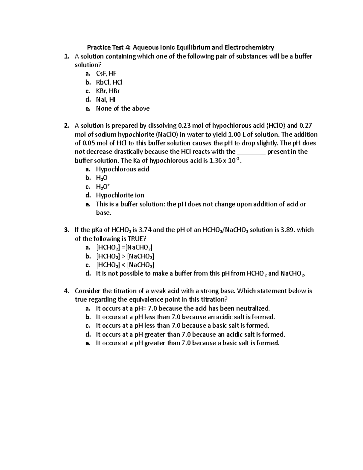 Practice Test 4 Aqueous Ionic Equilibrium and Electrochemistry ...