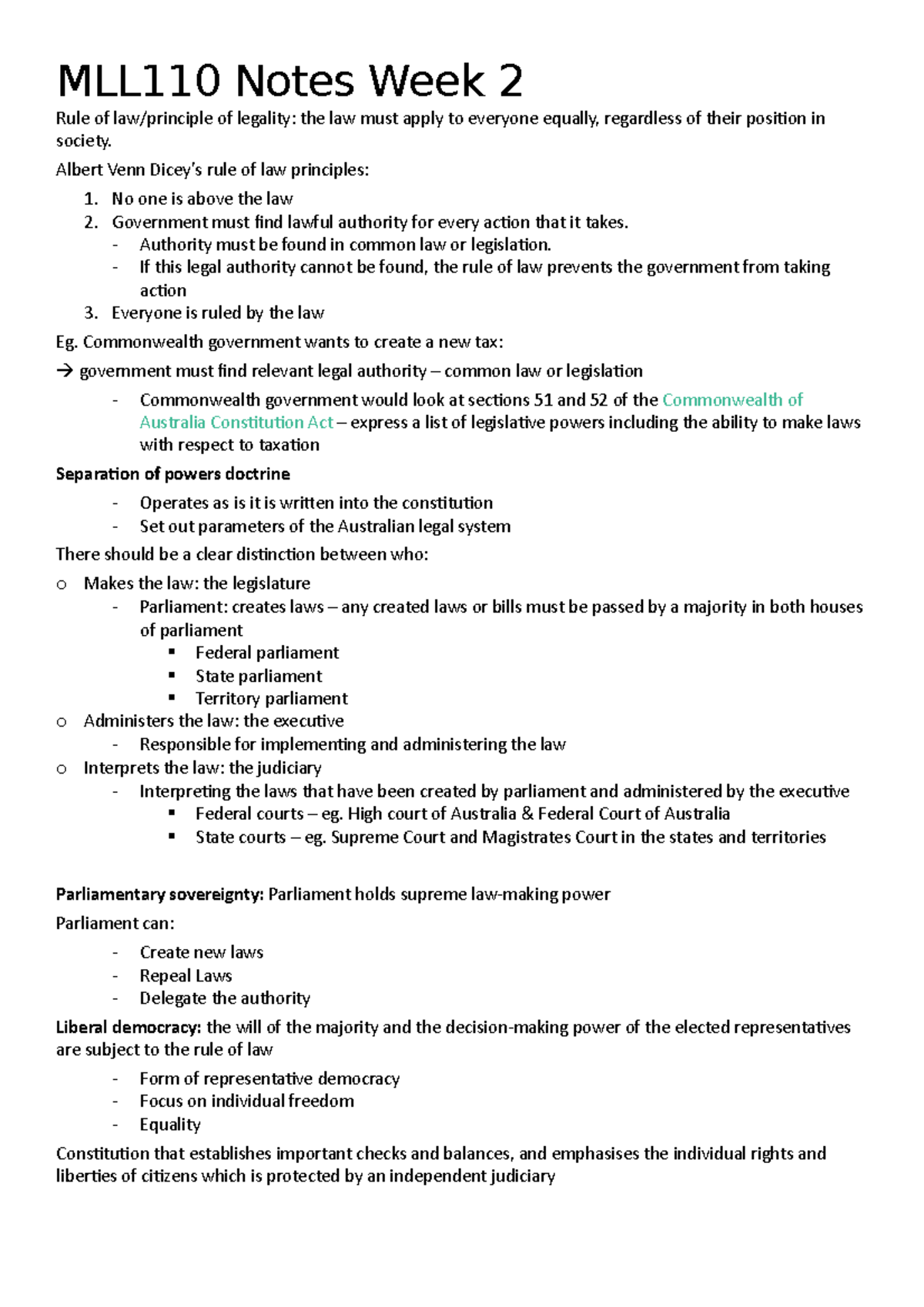 MLL110 Notes Week 2 Albert Venn Dicey’s rule of law principles No