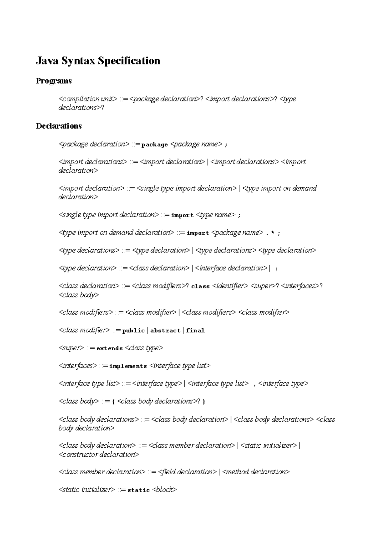 Java bnf JAVA Java Syntax Specification Programs Declarations