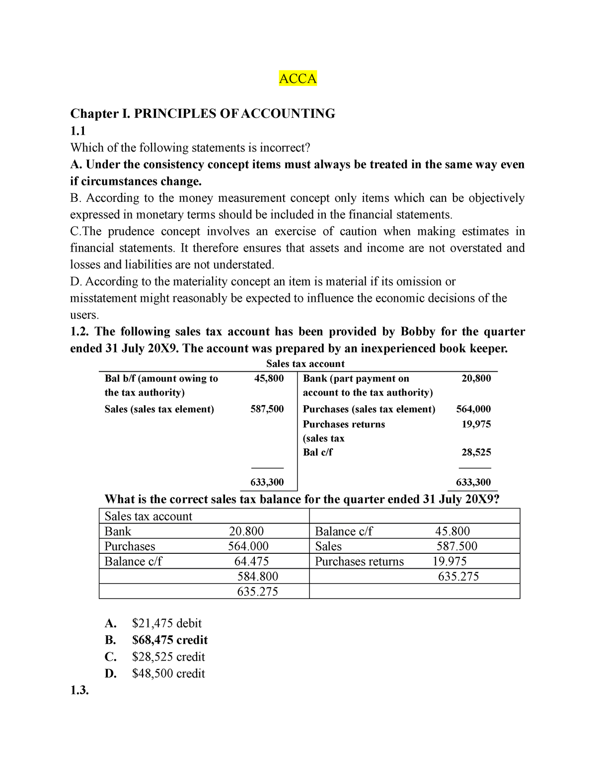 BÀI TẬP ACCA BC - Bhdvnmj - ACCA Chapter I. PRINCIPLES OF ACCOUNTING 1 ...