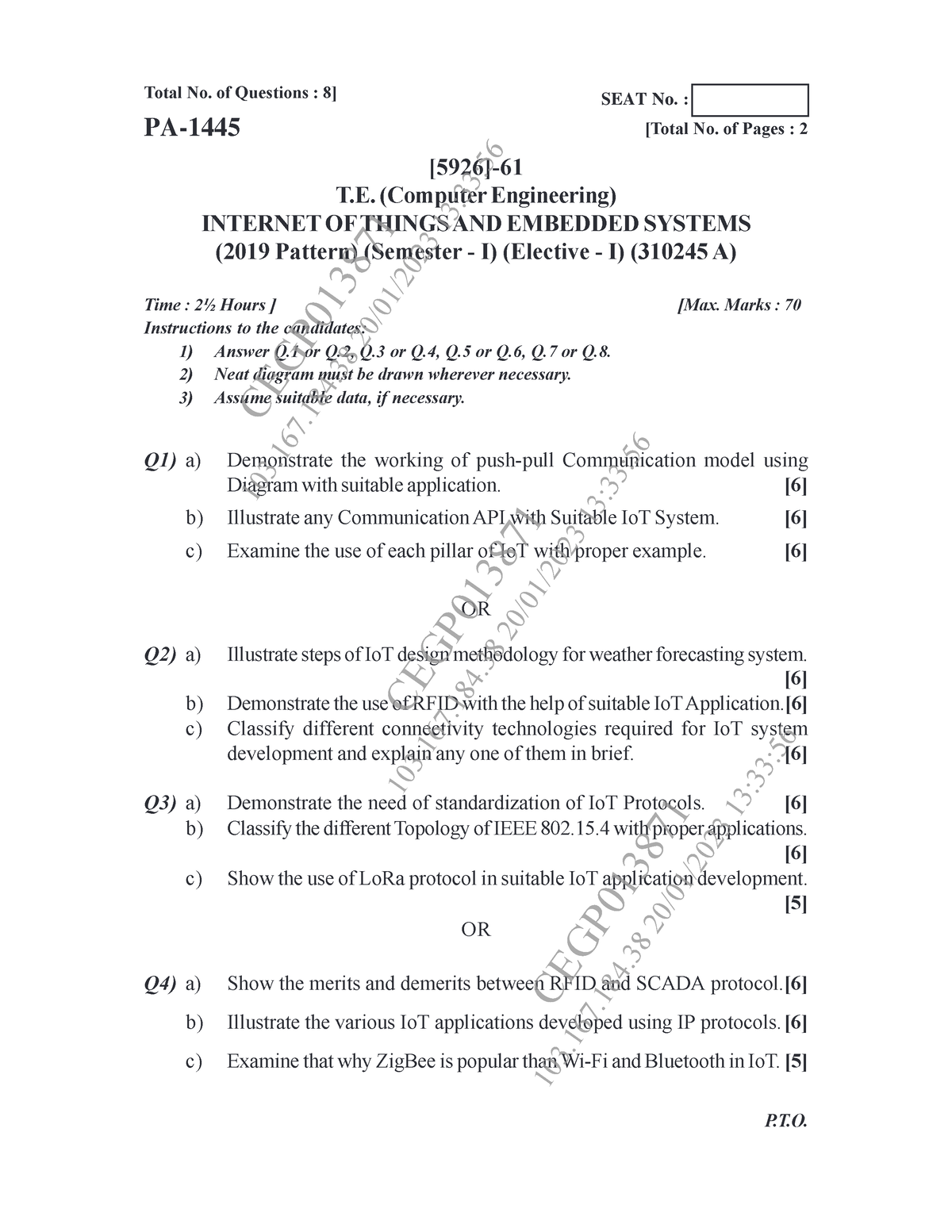 TE COMP ( Elective-I) IoT&ES ENDSEM PAPER - Total No. Of Questions : 8 ...