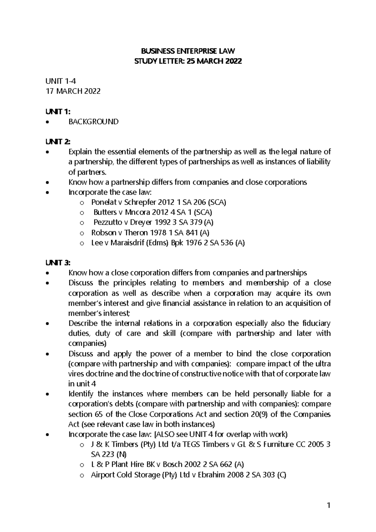 Business Enterprise LAW Study Letter - 1 BUSINESS ENTERPRISE LAW STUDY ...